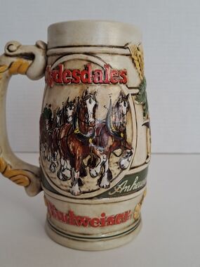 Vintage 1988 Budweiser Holiday Beer Stein Mug Clydesdales Collectors Series 3D